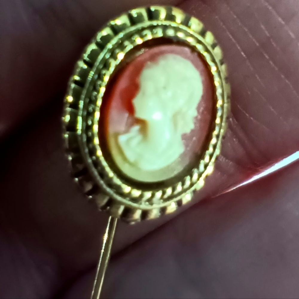 Vintage Gold Tone Cameo Stick Pin with Crystal Rhinestone